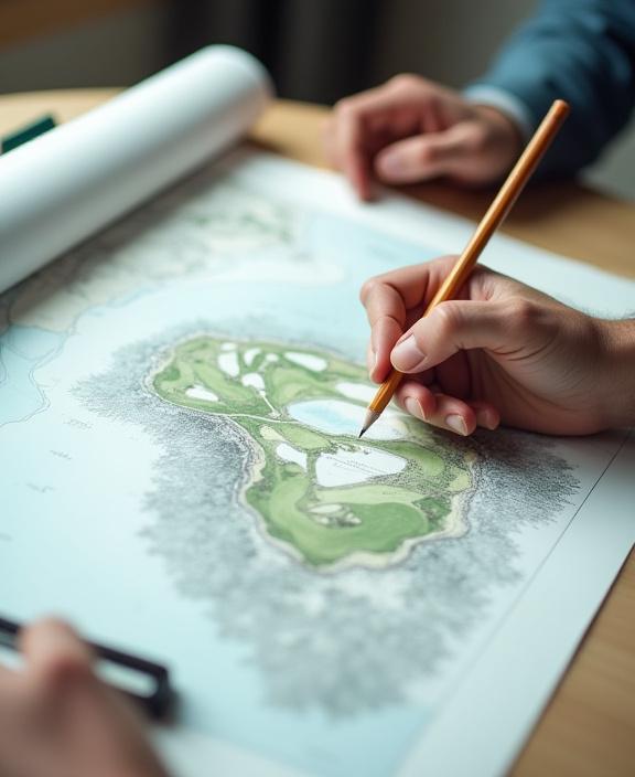 En golfbanearkitekt der tegner en skitse over et kystlandskab.