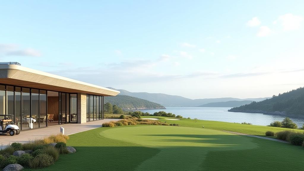Det moderne klubhus ved Fyrholm Fjord Golfresort med udsigt over banen.