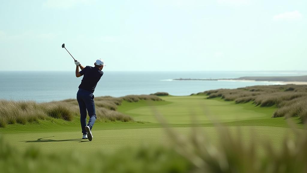En golfspiller der slår ud på Sønderklit Golf Links med havet i baggrunden.